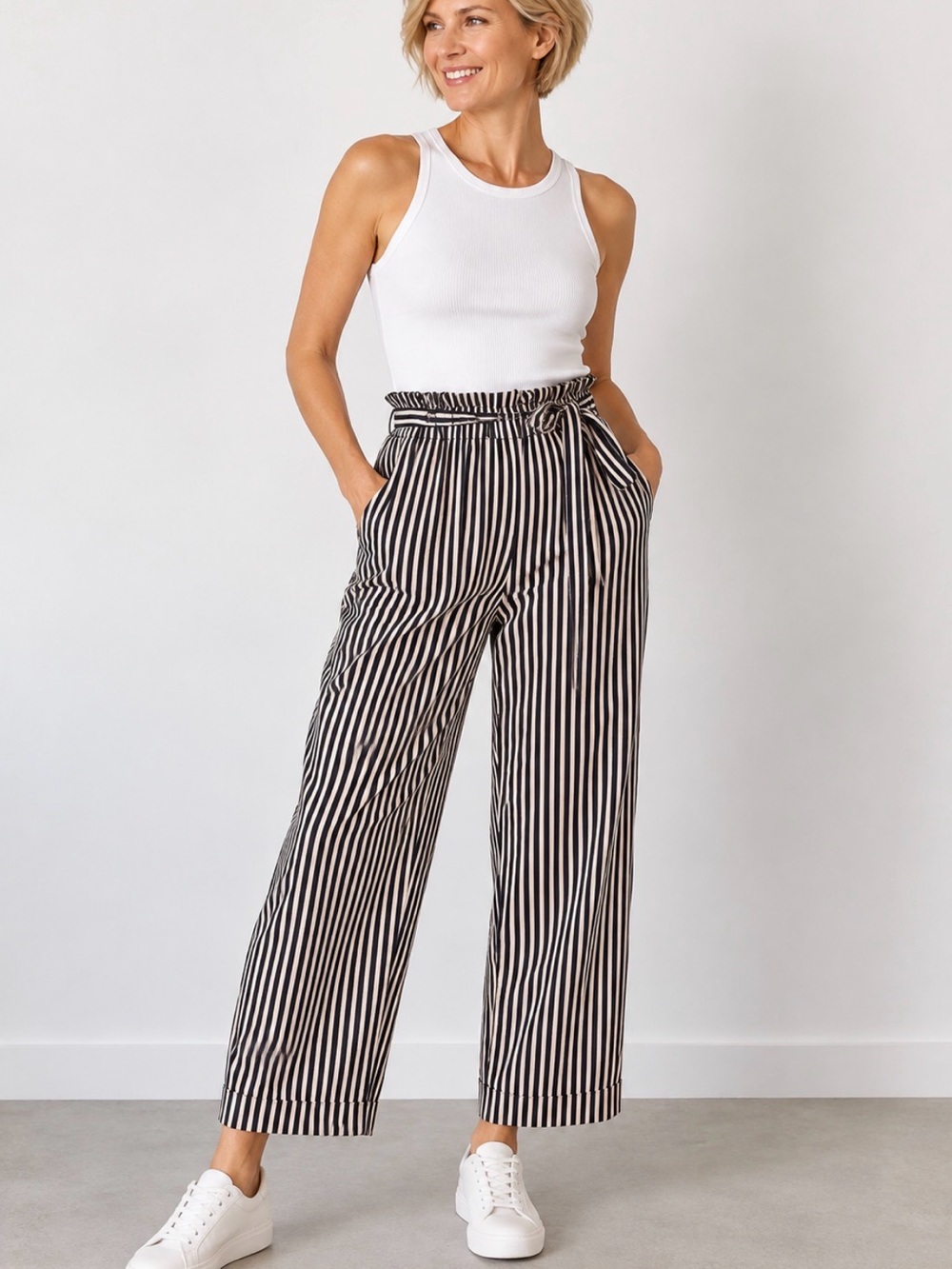 RW&CO. Black and White Vertical Stripe Paperbag Wide-Leg Pants